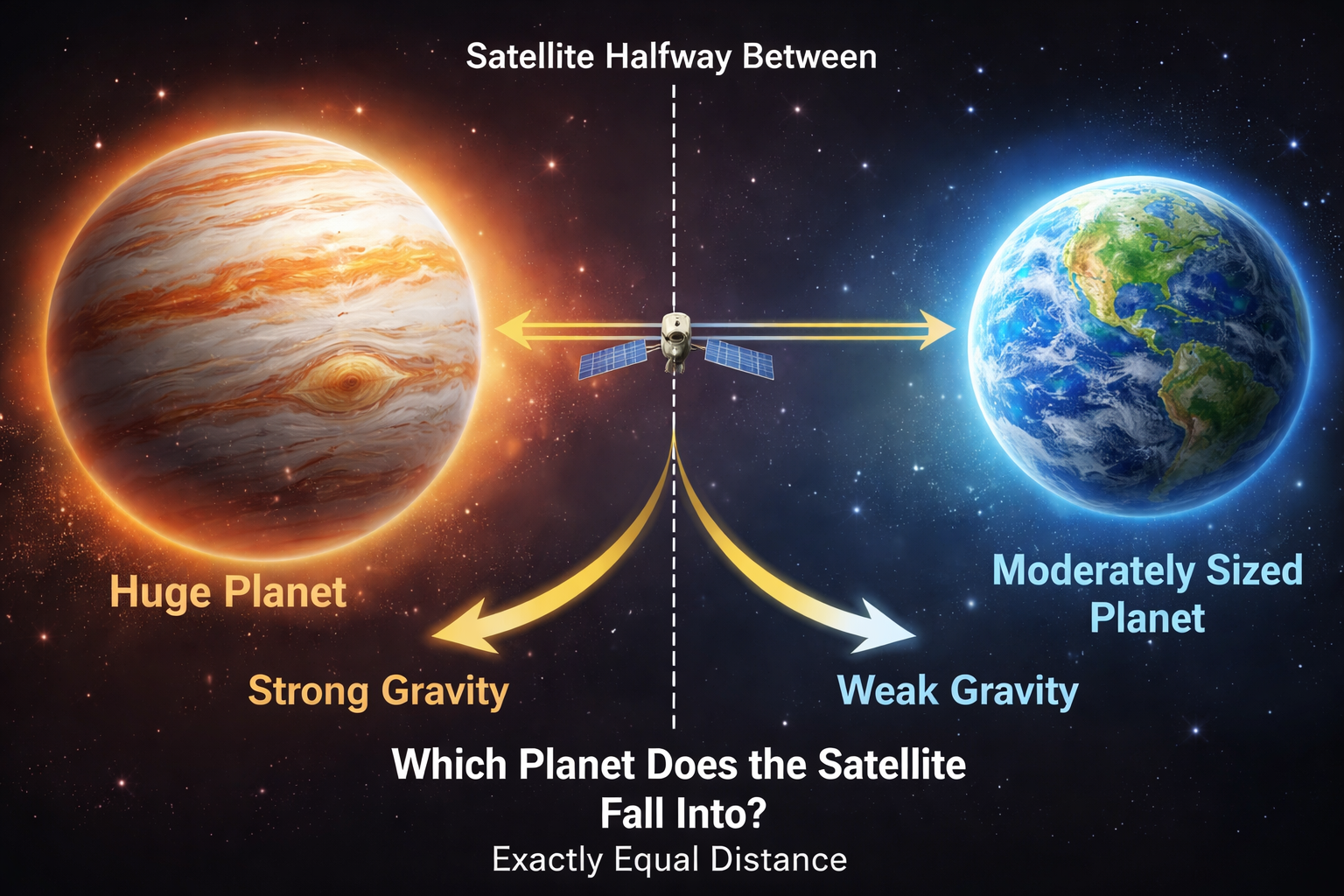 A labeled space diagram showing a small satellite positioned exactly halfway between two planets. On the left is a huge, Jupiter-like planet labeled ‘Huge Planet’ with arrows indicating strong gravity pulling toward it. On the right is a moderately sized, Earth-like planet labeled ‘Moderately Sized Planet’ with arrows indicating weaker gravity. A dashed vertical line marks the midpoint where the satellite sits, and curved arrows illustrate competing gravitational forces, posing the question of which planet the satellite will fall into.