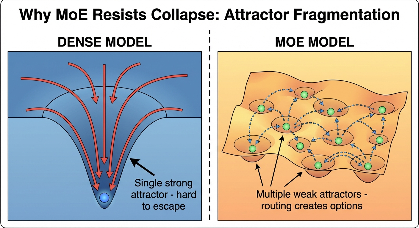 Dense vs MoE attractor landscapes — single deep basin vs fragmented landscape with routing